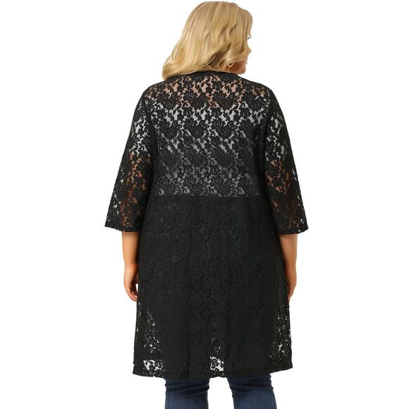 Plus Size Cardigans Women Lace Crochet 3/4 Sleeve Sheer Cover Up Jacket Black - Picture 5 of 6
